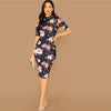 Navy Floral Print Stand Collar Elegant Bodycon Dress Women Autumn Short Sleeve Form Fitted Midi Pencil Dresses | Vimost Shop.