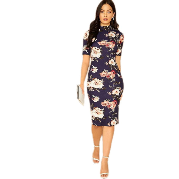 Navy Floral Print Stand Collar Elegant Bodycon Dress Women Autumn Short Sleeve Form Fitted Midi Pencil Dresses | Vimost Shop.
