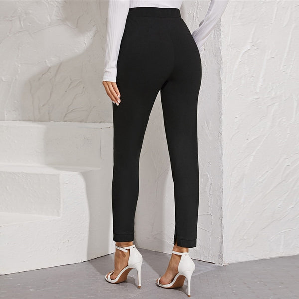 Solid Elastic Waist Pocket Side Split Hem Elegant Pants Office Ladies Skinny Trousers | Vimost Shop.