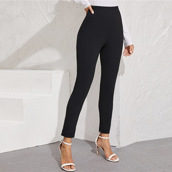 Solid Elastic Waist Pocket Side Split Hem Elegant Pants Office Ladies Skinny Trousers | Vimost Shop.
