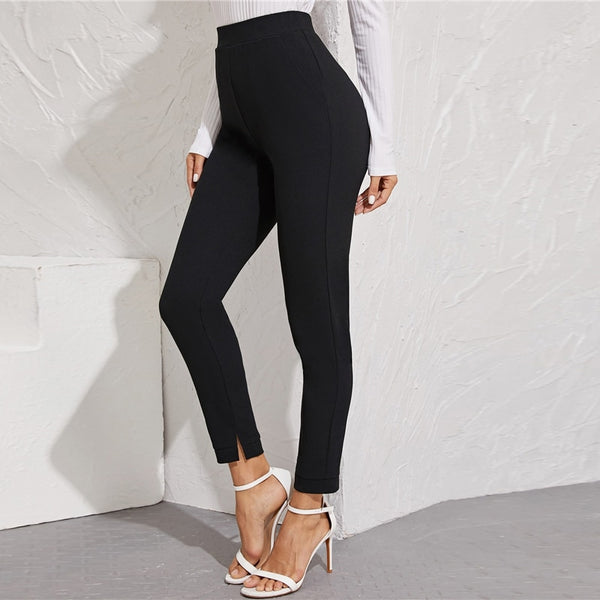 Solid Elastic Waist Pocket Side Split Hem Elegant Pants Office Ladies Skinny Trousers | Vimost Shop.