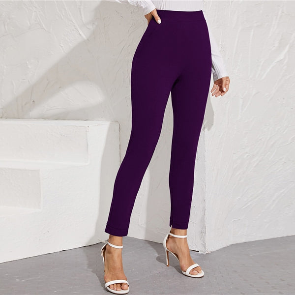 Solid Elastic Waist Pocket Side Split Hem Elegant Pants Office Ladies Skinny Trousers | Vimost Shop.