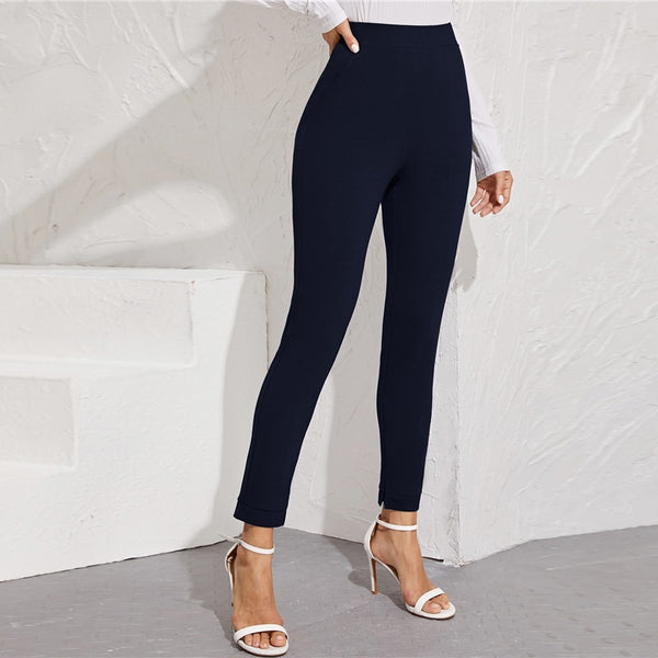 Solid Elastic Waist Pocket Side Split Hem Elegant Pants Office Ladies Skinny Trousers | Vimost Shop.
