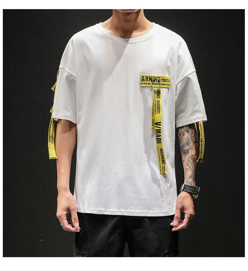 Tag T Shirt O-neck Off Tops Tees Male Boy White Casual Fashion Streetwear Gold Side Stripe Men Short Sleeve Black Patchwork | Vimost Shop.