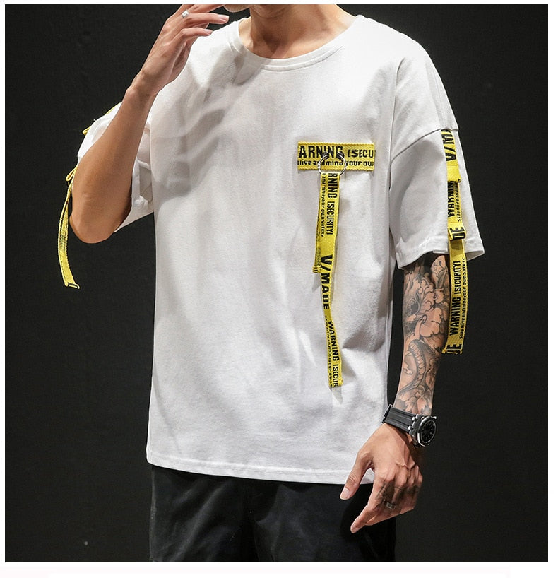 Tag T Shirt O-neck Off Tops Tees Male Boy White Casual Fashion Streetwear Gold Side Stripe Men Short Sleeve Black Patchwork | Vimost Shop.