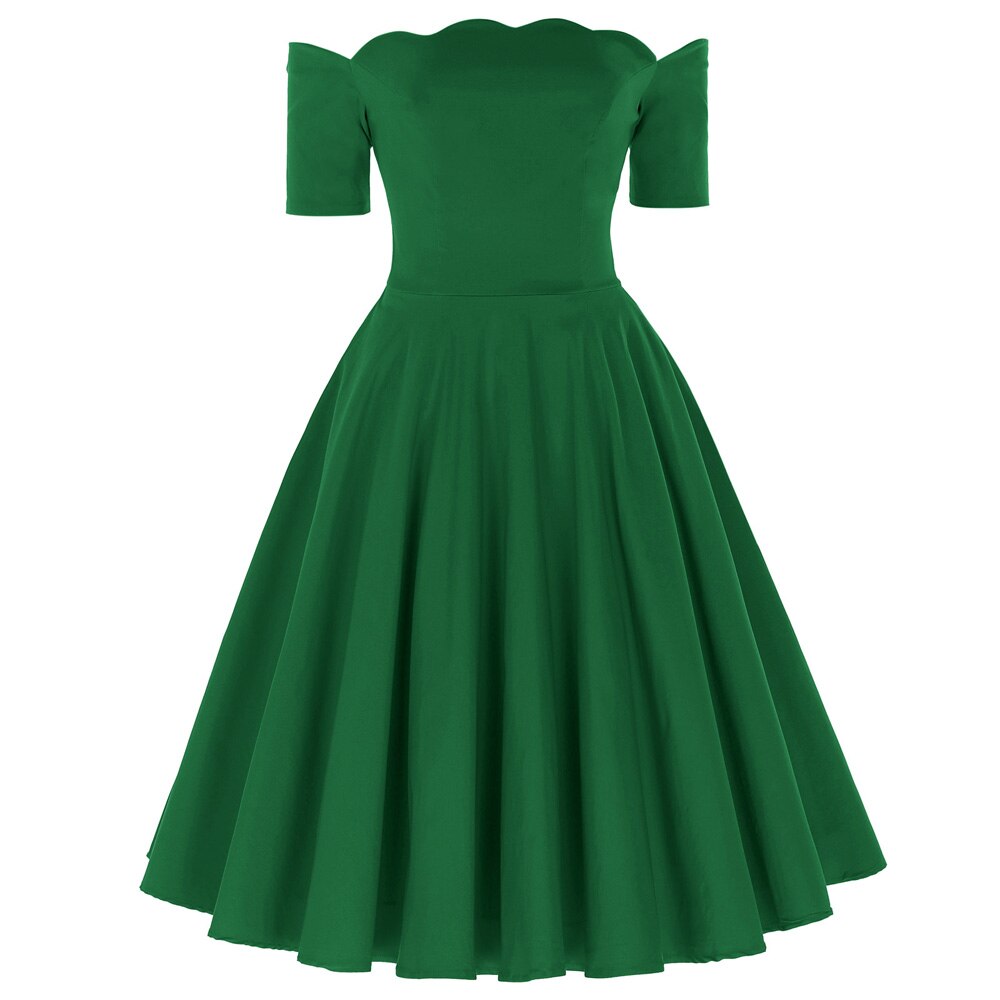 Elegant dress Retro Vintage women 50s 60s pleated plain Color Short Sleeve Off Shoulder knee Flared A-Line party Dress vestido