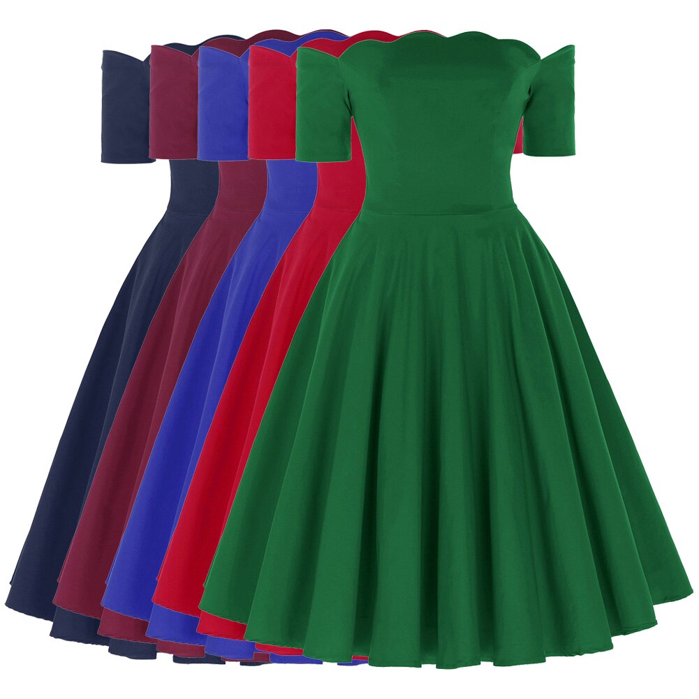 Elegant dress Retro Vintage women 50s 60s pleated plain Color Short Sleeve Off Shoulder knee Flared A-Line party Dress vestido