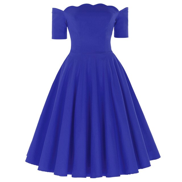 Elegant dress Retro Vintage women 50s 60s pleated plain Color Short Sleeve Off Shoulder knee Flared A-Line party Dress vestido