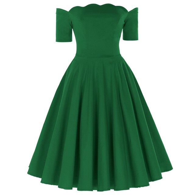 Elegant dress Retro Vintage women 50s 60s pleated plain Color Short Sleeve Off Shoulder knee Flared A-Line party Dress vestido