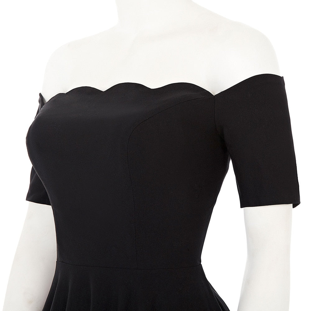Elegant dress Retro Vintage women 50s 60s pleated plain Color Short Sleeve Off Shoulder knee Flared A-Line party Dress vestido