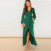 Green Solid Surplice Wrap Knot High Waist Belted Maxi Plain V Neck Dress Women Casual Summer Modern Lady Elegant Dress | Vimost Shop.