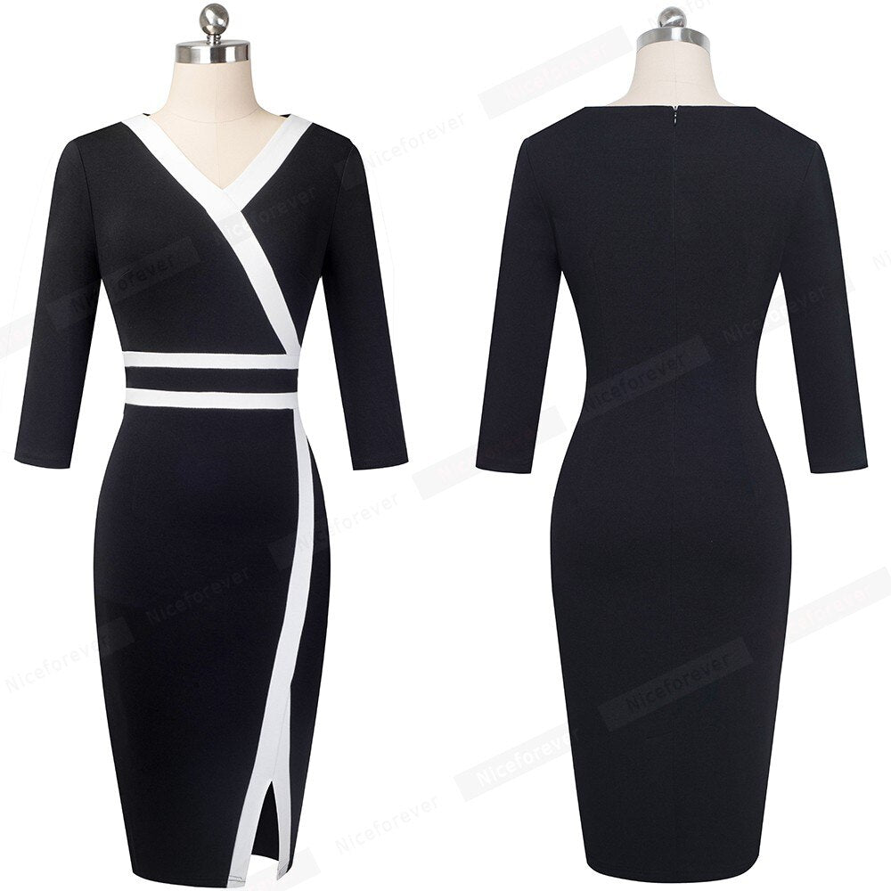 Vintage Black and White Patchwork Office Work vestidos Business Party Bodycon Elegant Women Autumn Dress | Vimost Shop.