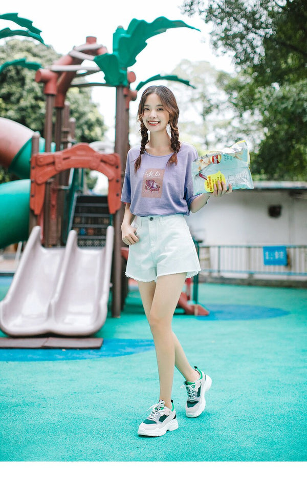 Summer O-neck Print Korean Fashion Student Style All Matched Loose Slim Women T-shirt | Vimost Shop.