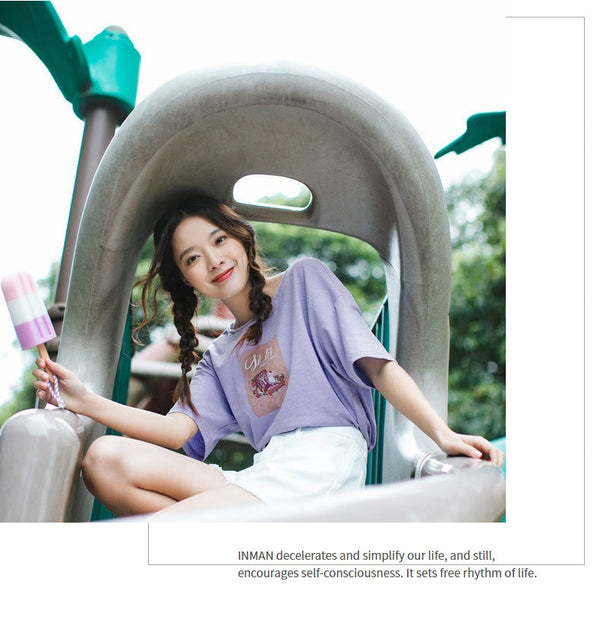 Summer O-neck Print Korean Fashion Student Style All Matched Loose Slim Women T-shirt | Vimost Shop.