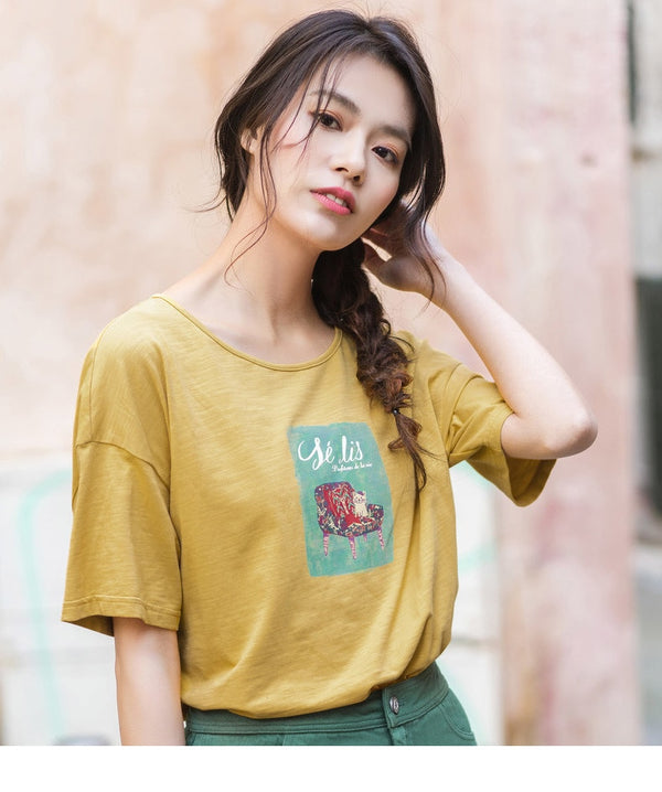 Summer O-neck Print Korean Fashion Student Style All Matched Loose Slim Women T-shirt | Vimost Shop.