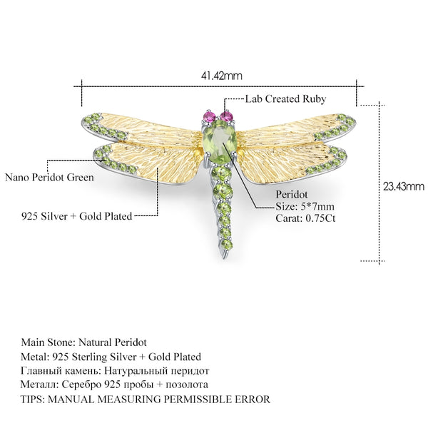 1.13Ct Natural Green Peridot Gemstone Brooch 925 Sterling Sliver Handmade Dragonfly Brooches For Women Dresses | Vimost Shop.