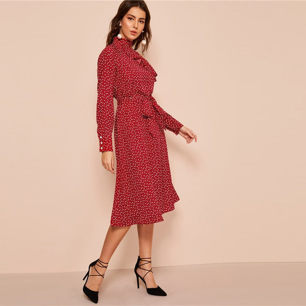 Polka Dot Print Ruffle Trim Cut Out Neck Sexy Dress Women Clothes Spring Glamorous Long Sleeve Belted Midi Dress | Vimost Shop.