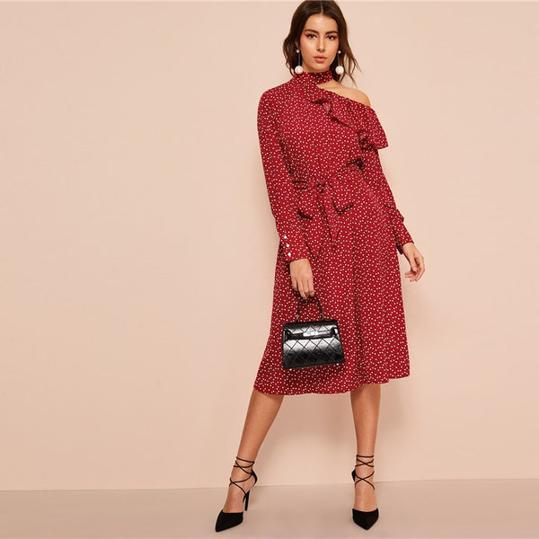 Polka Dot Print Ruffle Trim Cut Out Neck Sexy Dress Women Clothes Spring Glamorous Long Sleeve Belted Midi Dress | Vimost Shop.