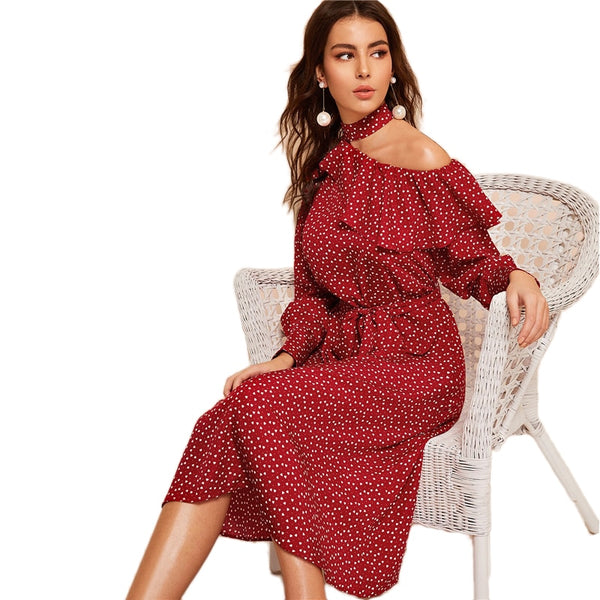 Polka Dot Print Ruffle Trim Cut Out Neck Sexy Dress Women Clothes Spring Glamorous Long Sleeve Belted Midi Dress | Vimost Shop.