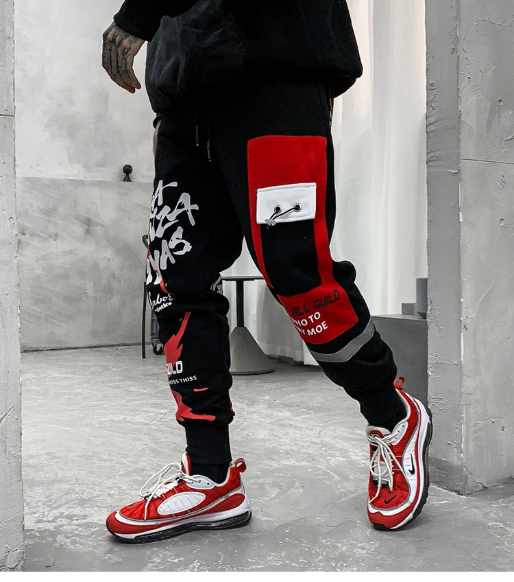 Sweatpants Cool Letter Print Pants Men Harajuku Patchwork Ribbon Harem Pants Streetwear | Vimost Shop.