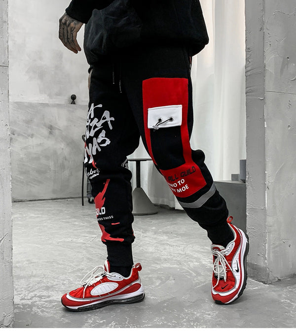 Sweatpants Cool Letter Print Pants Men Harajuku Patchwork Ribbon Harem Pants Streetwear | Vimost Shop.
