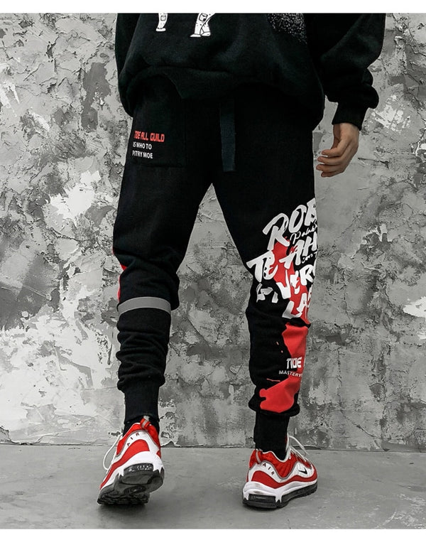 Sweatpants Cool Letter Print Pants Men Harajuku Patchwork Ribbon Harem Pants Streetwear | Vimost Shop.