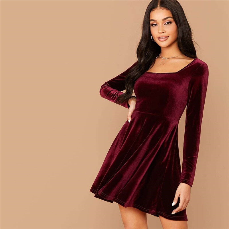 Solid Square Neck Flared Elegant Velvet Dress Women Spring High Waist Long Sleeve Ladies Fit And Flare Party Short Dresses | Vimost Shop.