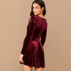 Solid Square Neck Flared Elegant Velvet Dress Women Spring High Waist Long Sleeve Ladies Fit And Flare Party Short Dresses | Vimost Shop.