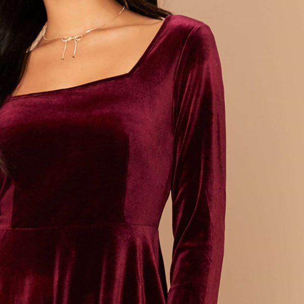 Solid Square Neck Flared Elegant Velvet Dress Women Spring High Waist Long Sleeve Ladies Fit And Flare Party Short Dresses | Vimost Shop.