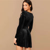 Solid Square Neck Flared Elegant Velvet Dress Women Spring High Waist Long Sleeve Ladies Fit And Flare Party Short Dresses | Vimost Shop.