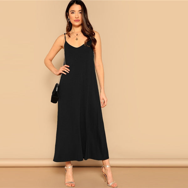 Pocket Patched Swing Cami Summer Dress Women Clothes Solid Casual Sleeveless Straight Maxi Dress Ladies Black Dress | Vimost Shop.