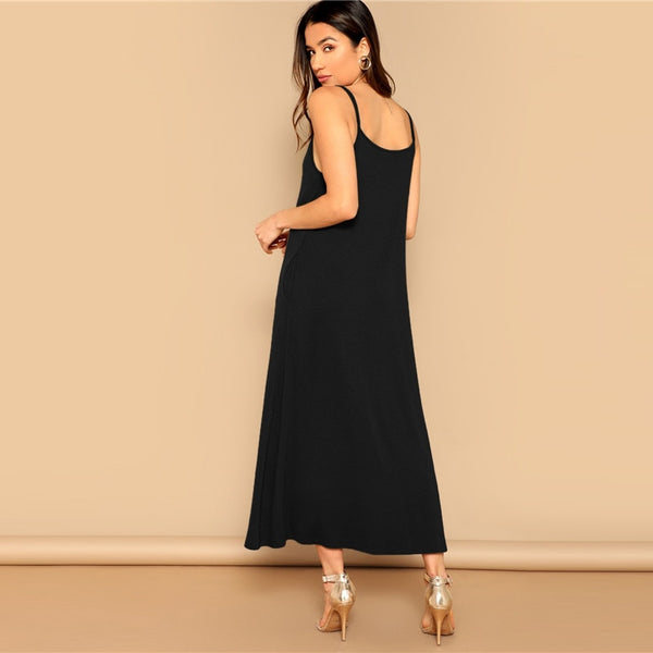 Pocket Patched Swing Cami Summer Dress Women Clothes Solid Casual Sleeveless Straight Maxi Dress Ladies Black Dress | Vimost Shop.