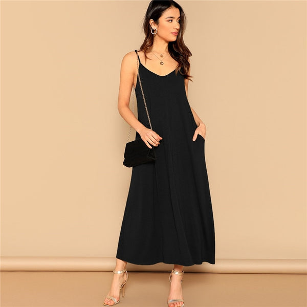 Pocket Patched Swing Cami Summer Dress Women Clothes Solid Casual Sleeveless Straight Maxi Dress Ladies Black Dress | Vimost Shop.