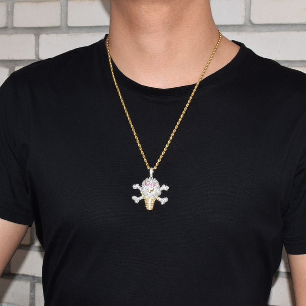 Skull ice cream shape Necklace& Pendant Free Rope Chain Gold Color AAA Cubic Zircon Men's Hip Hop Jewelry For Gift | Vimost Shop.