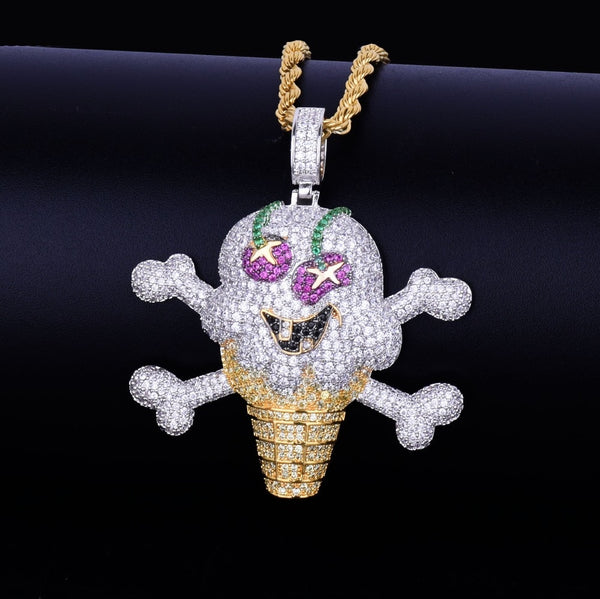 Skull ice cream shape Necklace& Pendant Free Rope Chain Gold Color AAA Cubic Zircon Men's Hip Hop Jewelry For Gift | Vimost Shop.