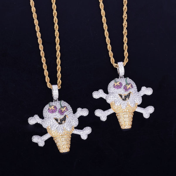 Skull ice cream shape Necklace& Pendant Free Rope Chain Gold Color AAA Cubic Zircon Men's Hip Hop Jewelry For Gift | Vimost Shop.