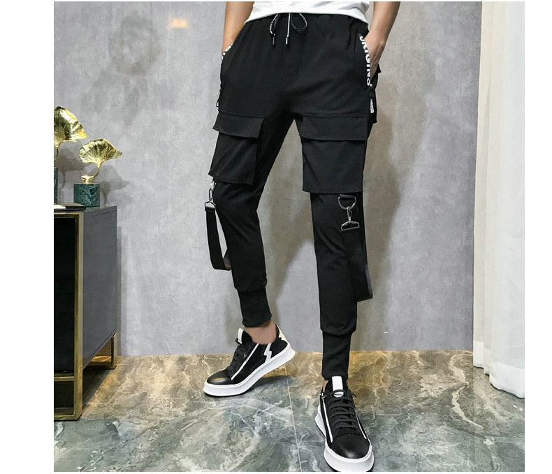 Streetwear Men Ribbons Color Block Black Pocket Cargo Pants Harem Joggers Harajuku Sweatpant Hip Hop Trousers Casual Pants | Vimost Shop.