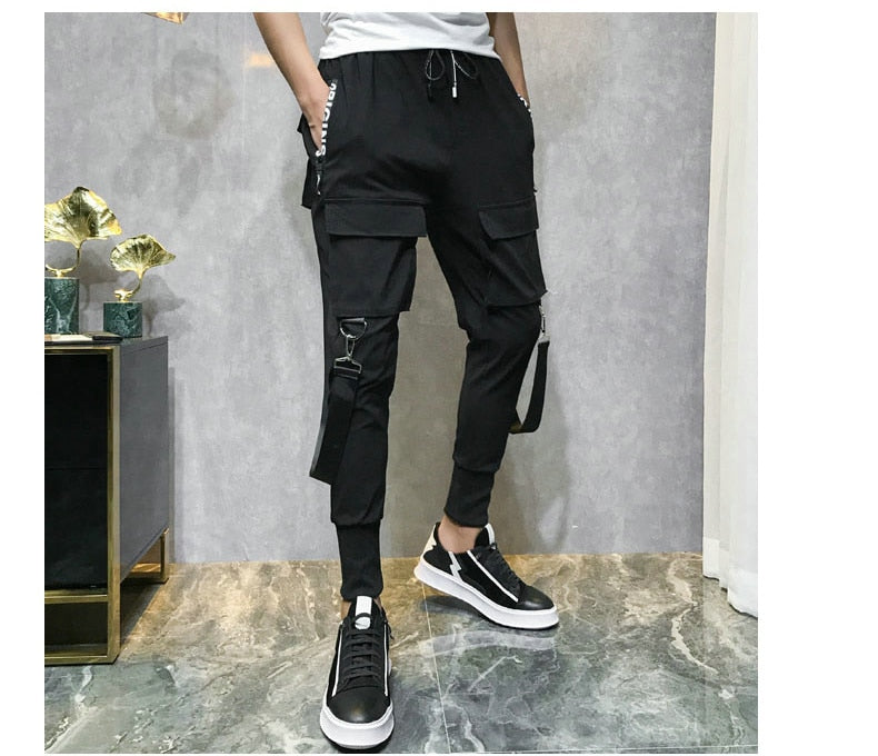 Streetwear Men Ribbons Color Block Black Pocket Cargo Pants Harem Joggers Harajuku Sweatpant Hip Hop Trousers Casual Pants | Vimost Shop.