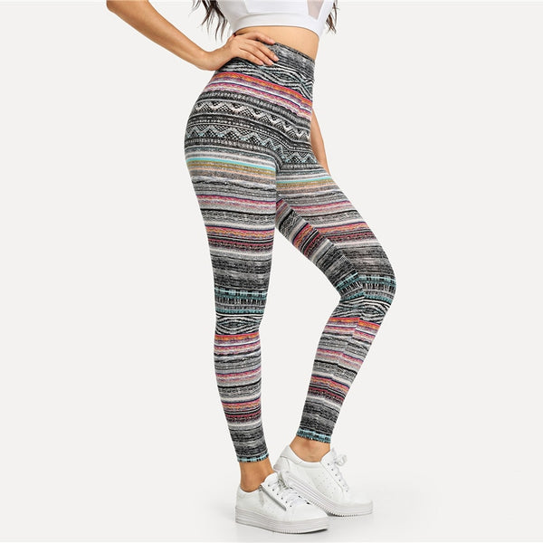 Multicolor High Waist Tribal Print Leggings Casual Geometric Striped Pants Women Stretchy Autumn Sexy Sporting Trousers | Vimost Shop.