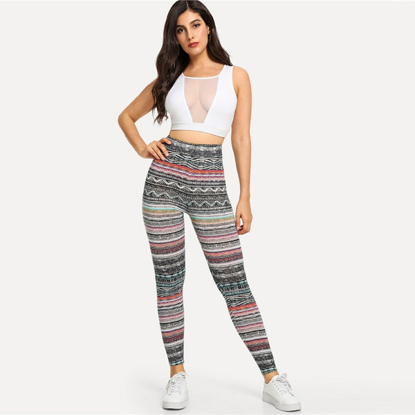 Multicolor High Waist Tribal Print Leggings Casual Geometric Striped Pants Women Stretchy Autumn Sexy Sporting Trousers | Vimost Shop.