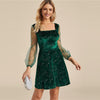 Galaxy Print Contrast Sheer Mesh Sleeve Christmas Velvet Dress Women Spring Square Neck A Line Party Short Flared Dresses | Vimost Shop.