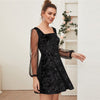 Galaxy Print Contrast Sheer Mesh Sleeve Christmas Velvet Dress Women Spring Square Neck A Line Party Short Flared Dresses | Vimost Shop.