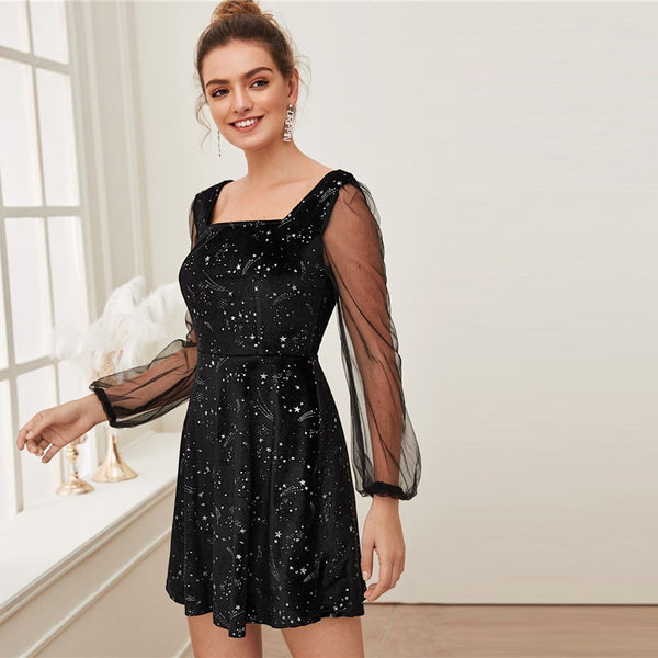 Galaxy Print Contrast Sheer Mesh Sleeve Christmas Velvet Dress Women Spring Square Neck A Line Party Short Flared Dresses | Vimost Shop.