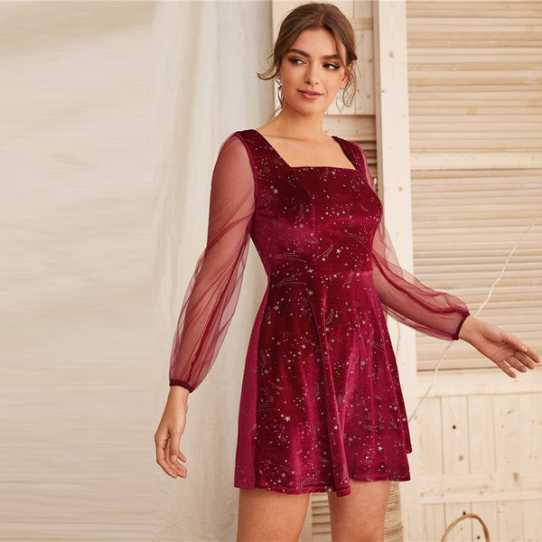 Galaxy Print Contrast Sheer Mesh Sleeve Christmas Velvet Dress Women Spring Square Neck A Line Party Short Flared Dresses | Vimost Shop.