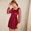 Galaxy Print Contrast Sheer Mesh Sleeve Christmas Velvet Dress Women Spring Square Neck A Line Party Short Flared Dresses | Vimost Shop.