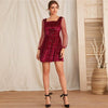 Galaxy Print Contrast Sheer Mesh Sleeve Christmas Velvet Dress Women Spring Square Neck A Line Party Short Flared Dresses | Vimost Shop.