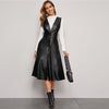 Plunging Neck Button Front PU Overall Dress Women Spring High Waist Sleeveless Fit and Flare Pinafore Elegant Long Dresses | Vimost Shop.