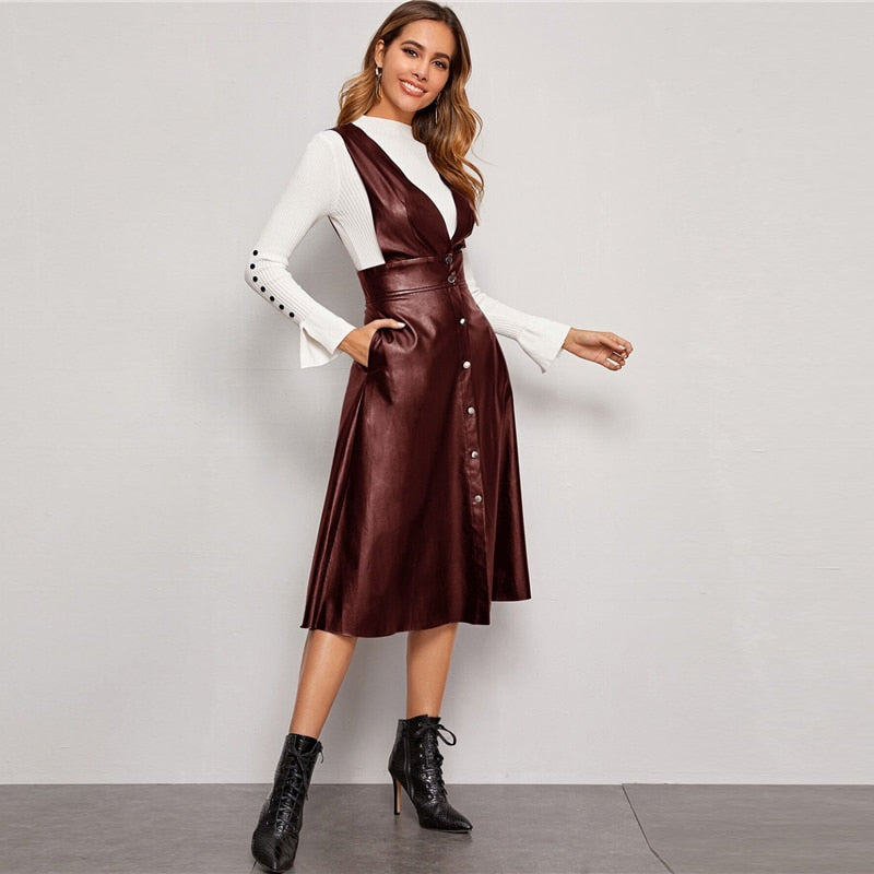 Plunging Neck Button Front PU Overall Dress Women Spring High Waist Sleeveless Fit and Flare Pinafore Elegant Long Dresses | Vimost Shop.