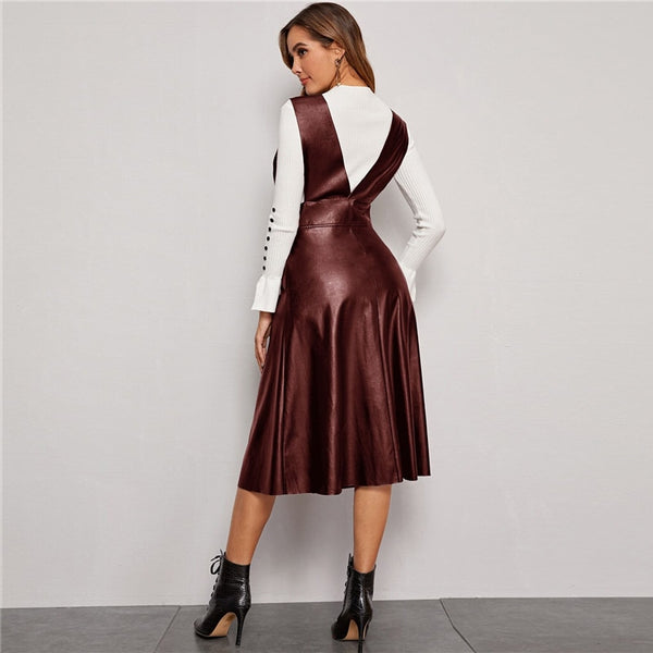 Plunging Neck Button Front PU Overall Dress Women Spring High Waist Sleeveless Fit and Flare Pinafore Elegant Long Dresses | Vimost Shop.