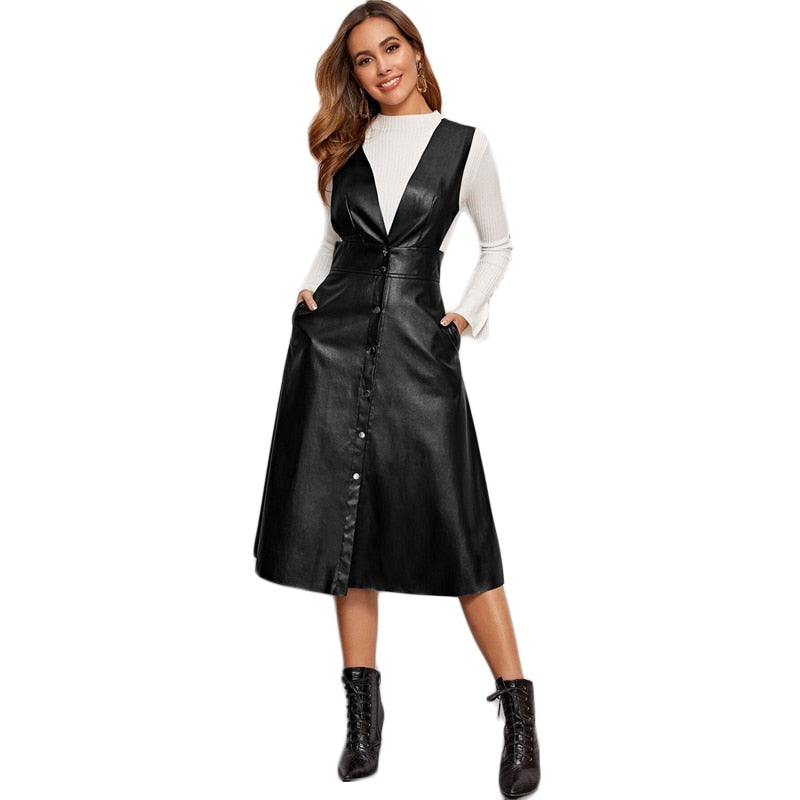 Plunging Neck Button Front PU Overall Dress Women Spring High Waist Sleeveless Fit and Flare Pinafore Elegant Long Dresses | Vimost Shop.